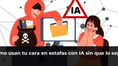 Imagen de rostro con efectos de IA y advertencia de seguridad