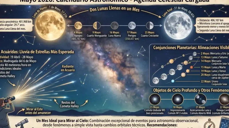 Una luna azul, una lluvia de estrellas y una conjunción: El calendario astronómico de mayo 2026